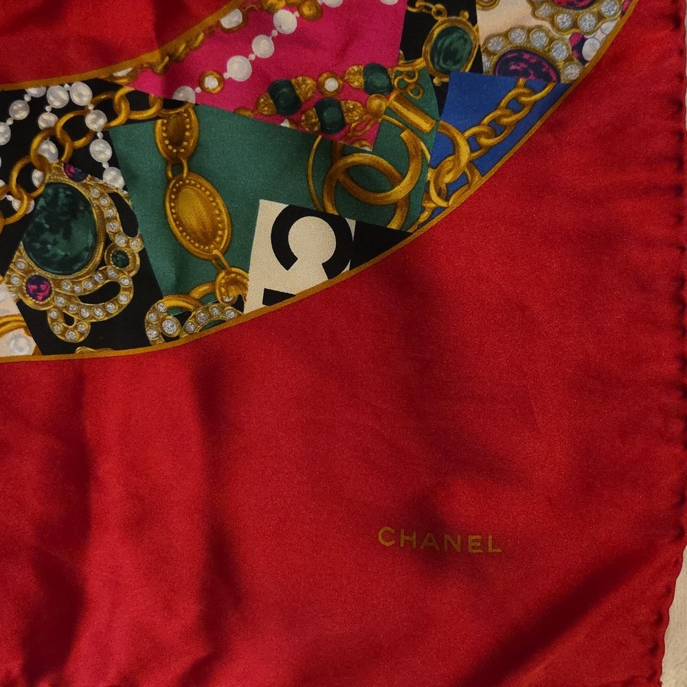 Chanel Multicolor Silk Scarf with Red Base - Picture 2 of 5